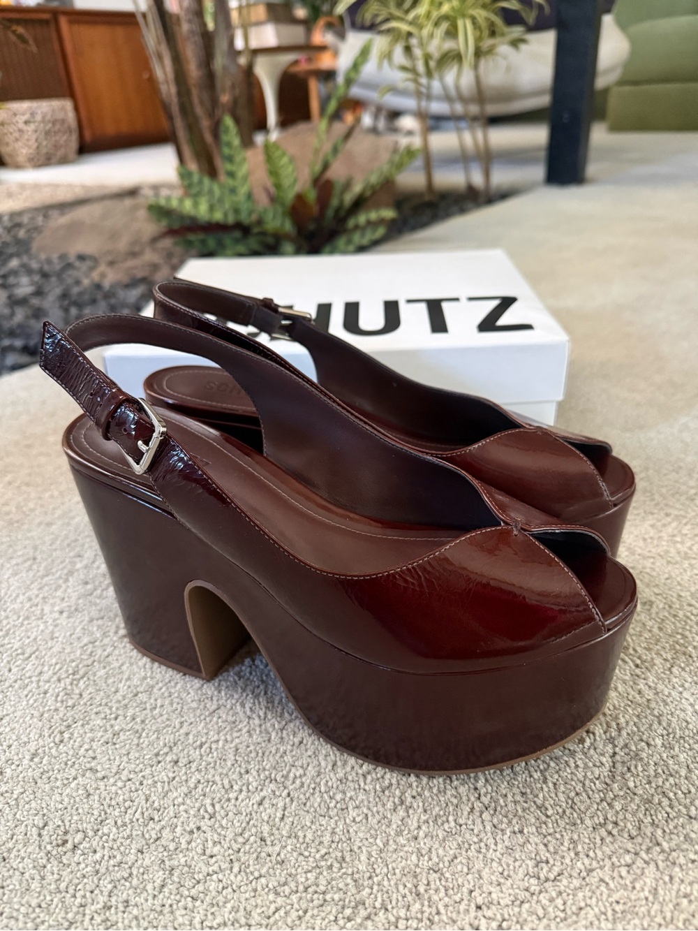 SCHUTZ Brandi Leather Platform Slingback Heels in Root Beer Brown